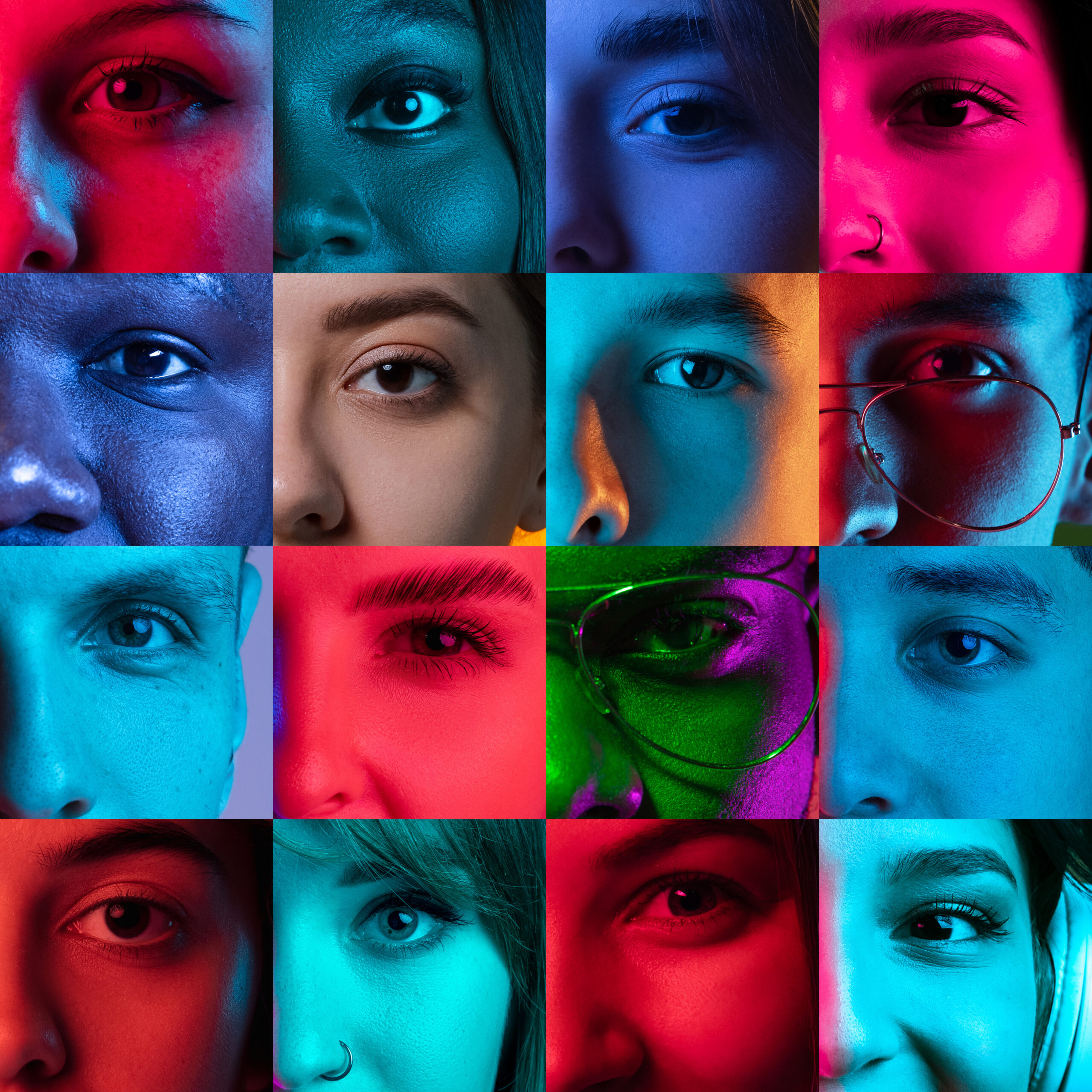 Square set of open eyes of young multiethnic men and girls on colored background in neon light. Male and female gazes. Concept of emotions, equality, unification of all nations, ages, interests.